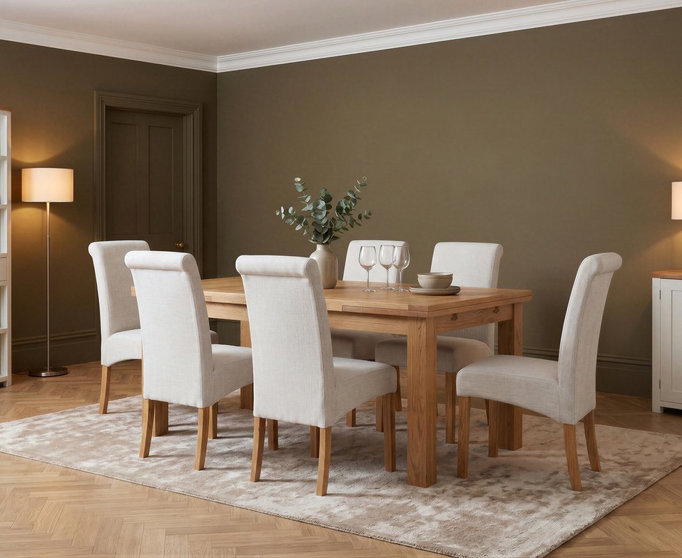 Photo 1 of Extending buxton 140cm solid oak dining table with 6 natural scroll back chairs Photo 1 of Extending buxton 140cm solid oak dining table with 6 natural scroll back chairs