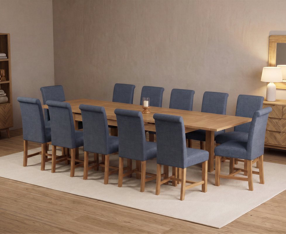 Photo 1 of Extending buxton 180cm solid oak dining table with 12 blue braced chairs Photo 1 of Extending buxton 180cm solid oak dining table with 12 blue braced chairs