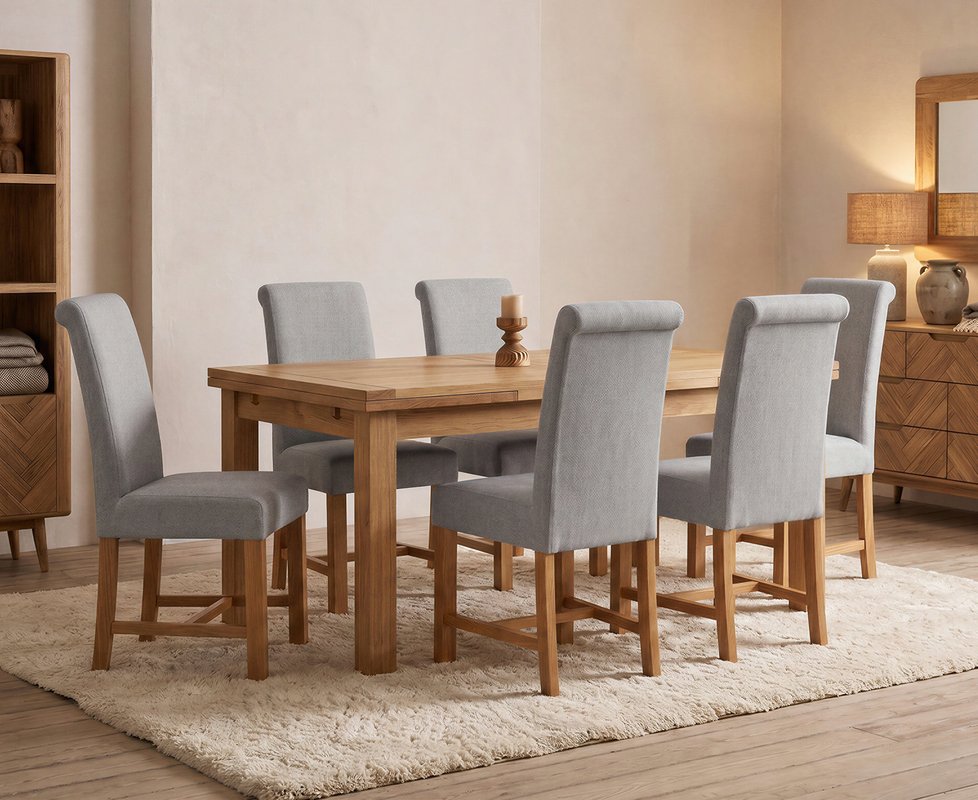 Photo 1 of Extending buxton 180cm solid oak dining table with 6 grey braced chairs Photo 1 of Extending buxton 180cm solid oak dining table with 6 grey braced chairs