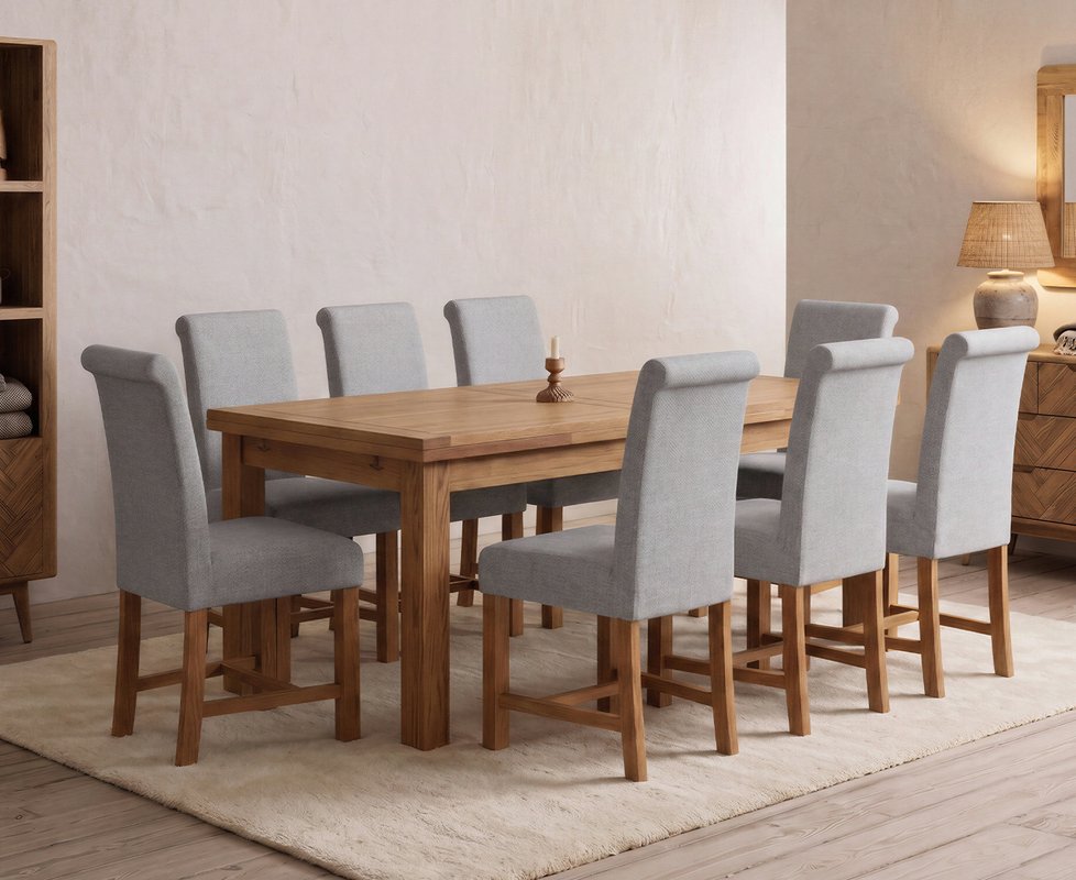 Photo 1 of Extending buxton 180cm solid oak dining table with 8 grey braced chairs Photo 1 of Extending buxton 180cm solid oak dining table with 8 grey braced chairs