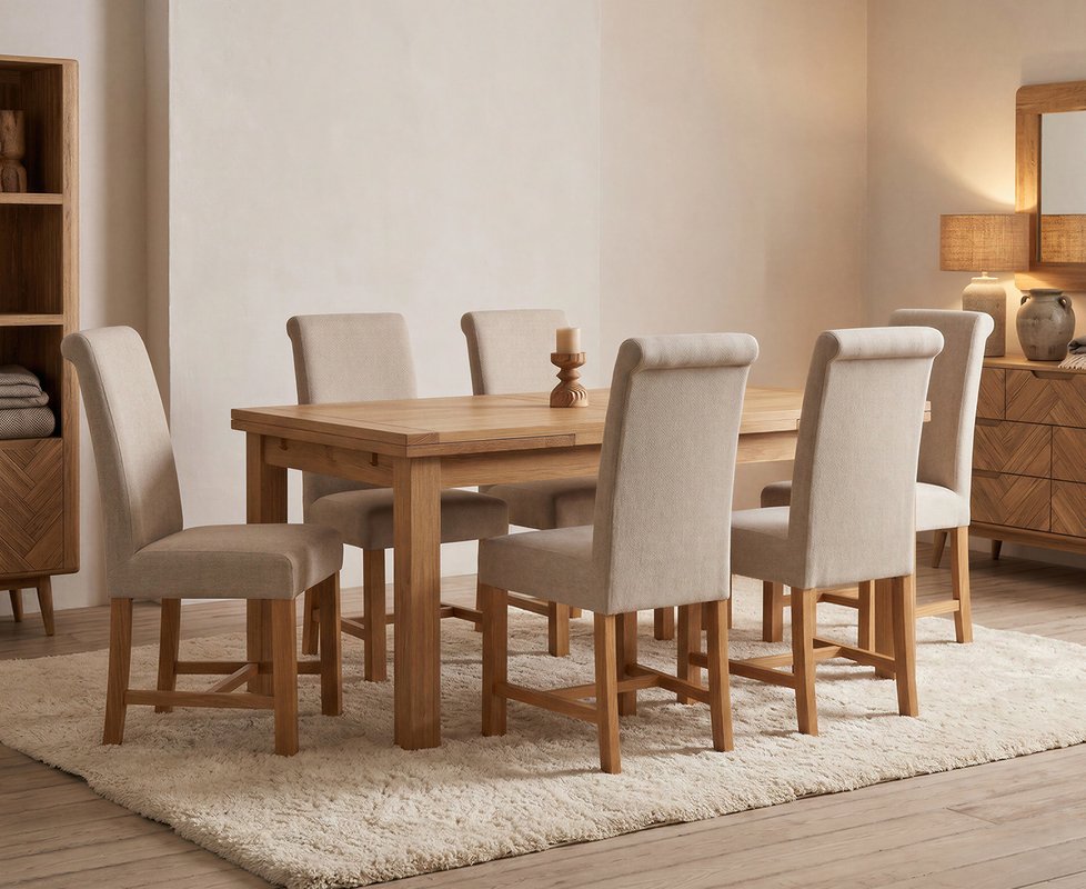 Photo 1 of Extending buxton 180cm solid oak dining table with 6 natural braced chairs Photo 1 of Extending buxton 180cm solid oak dining table with 6 natural braced chairs