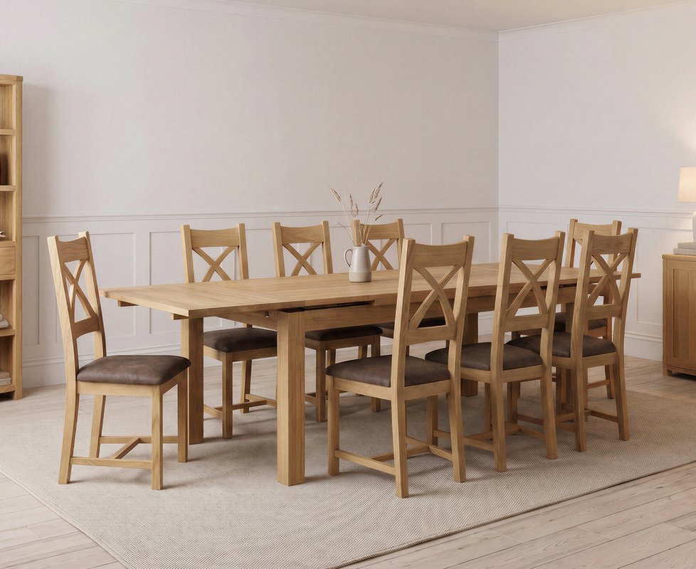 Photo 1 of Extending buxton 180cm solid oak dining table with 8 brown natural solid oak chairs Photo 1 of Extending buxton 180cm solid oak dining table with 8 brown natural solid oak chairs
