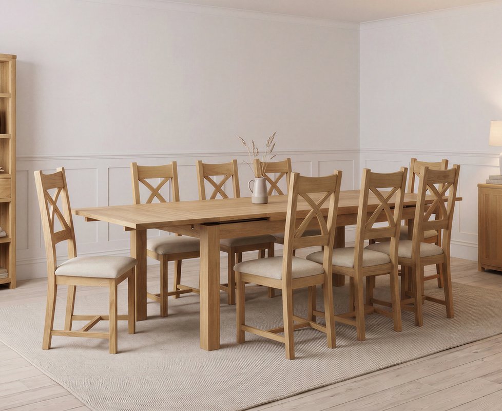 Photo 1 of Extending buxton 180cm solid oak dining table with 8 linen natural solid oak chairs Photo 1 of Extending buxton 180cm solid oak dining table with 8 linen natural solid oak chairs