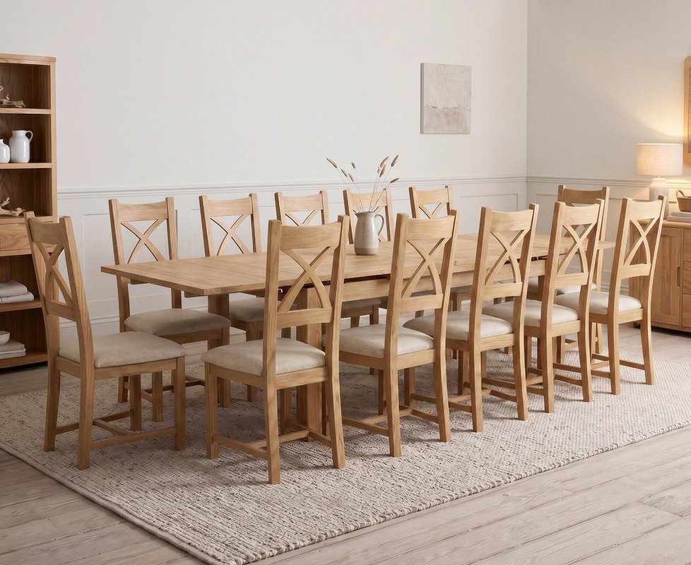 Photo 1 of Extending buxton 180cm solid oak dining table with 12 linen natural solid oak chairs Photo 1 of Extending buxton 180cm solid oak dining table with 12 linen natural solid oak chairs