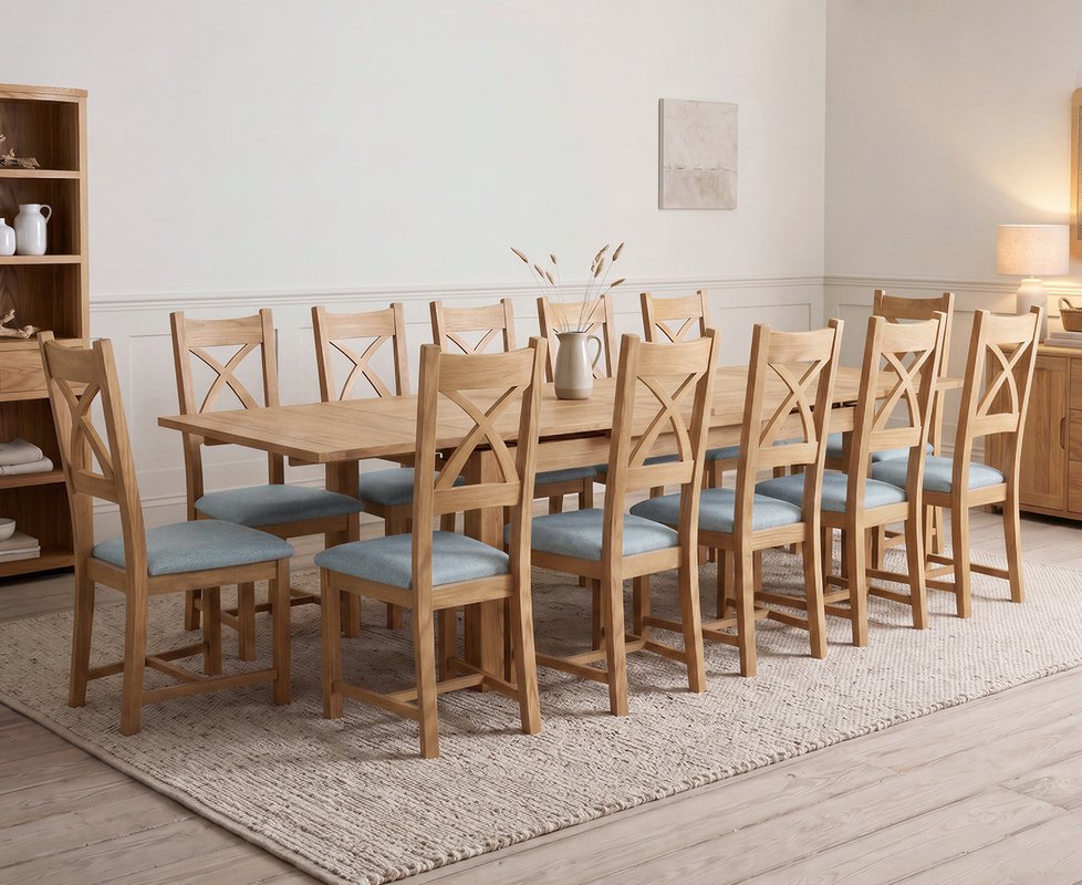 Photo 1 of Extending buxton 180cm solid oak dining table with 12 blue natural solid oak chairs Photo 1 of Extending buxton 180cm solid oak dining table with 12 blue natural solid oak chairs