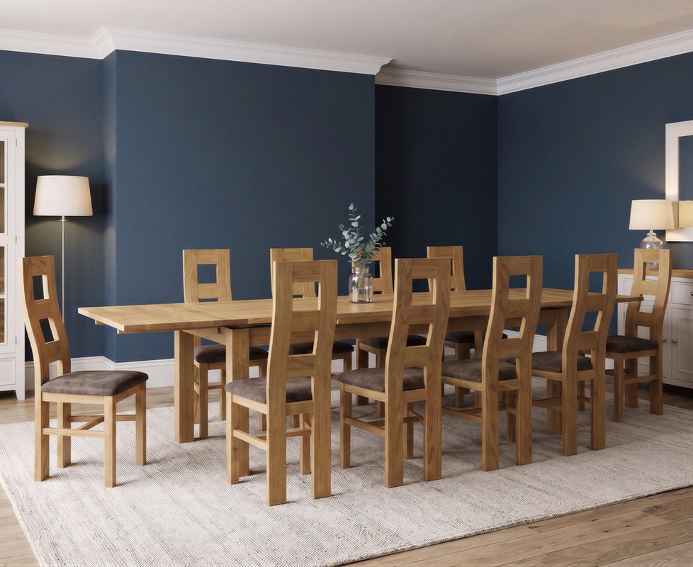 Photo 1 of Extending buxton 180cm solid oak dining table with 10 brown natural chairs Photo 1 of Extending buxton 180cm solid oak dining table with 10 brown natural chairs