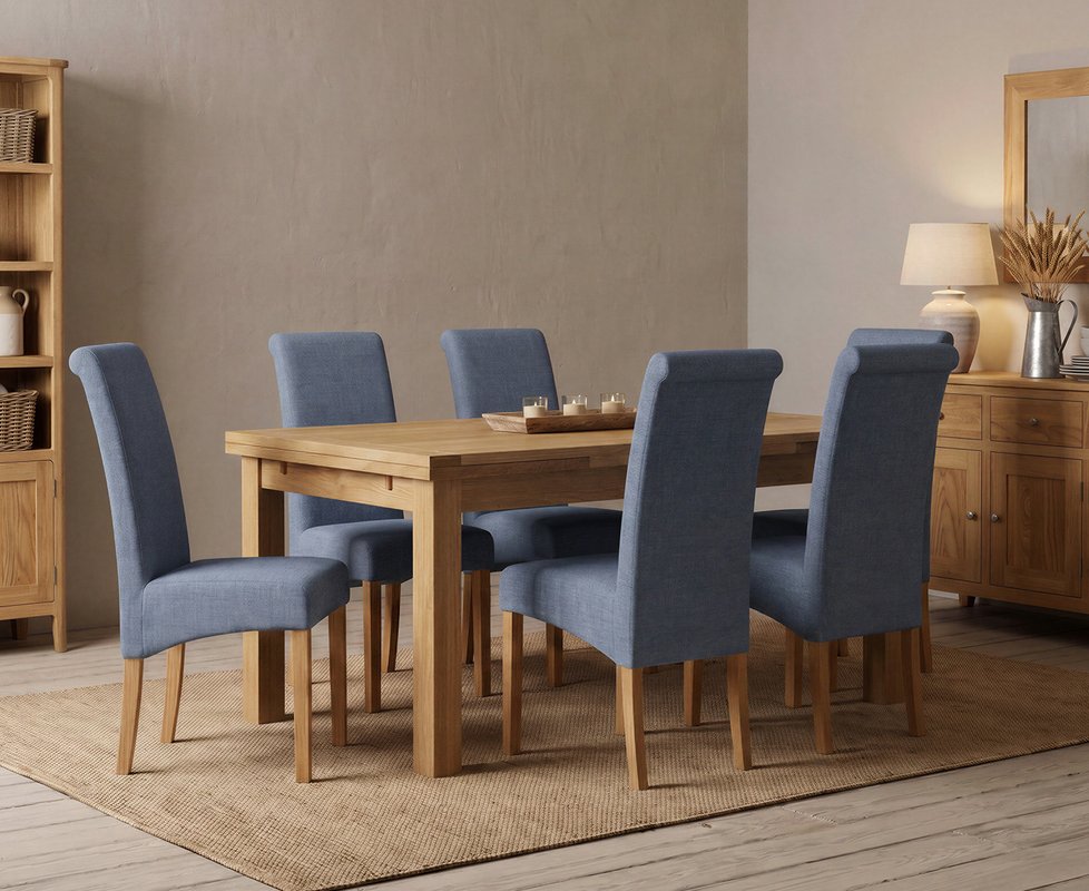 Photo 1 of Extending buxton 180cm solid oak dining table with 6 blue scroll back chairs Photo 1 of Extending buxton 180cm solid oak dining table with 6 blue scroll back chairs