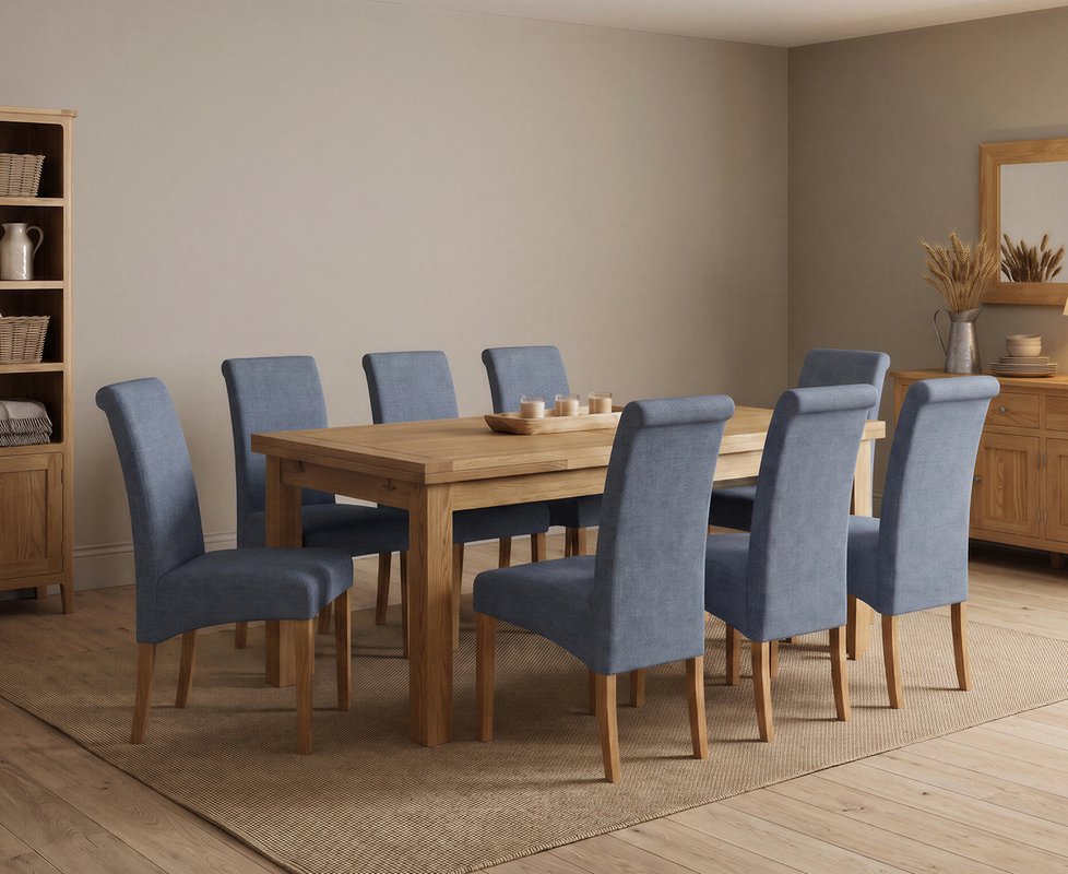 Photo 1 of Extending buxton 180cm solid oak dining table with 8 blue scroll back chairs Photo 1 of Extending buxton 180cm solid oak dining table with 8 blue scroll back chairs