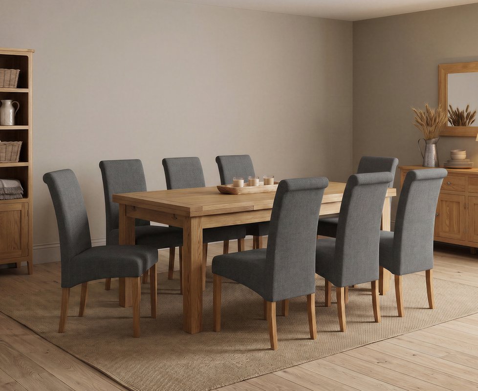 Photo 1 of Extending buxton 180cm solid oak dining table with 8 charcoal grey scroll back chairs Photo 1 of Extending buxton 180cm solid oak dining table with 8 charcoal grey scroll back chairs