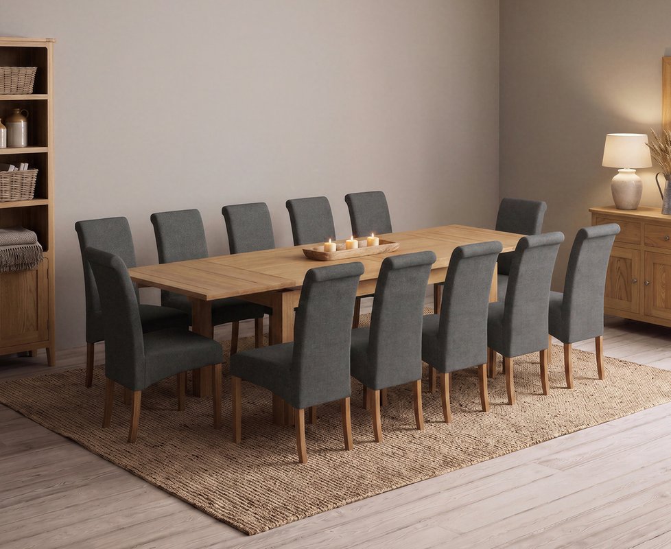 Photo 1 of Extending buxton 180cm solid oak dining table with 12 charcoal grey scroll back chairs Photo 1 of Extending buxton 180cm solid oak dining table with 12 charcoal grey scroll back chairs