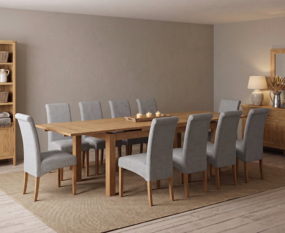 Photo 1 of Extending buxton 180cm solid oak dining table with 10 grey scroll back chairs Photo 1 of Extending buxton 180cm solid oak dining table with 10 grey scroll back chairs