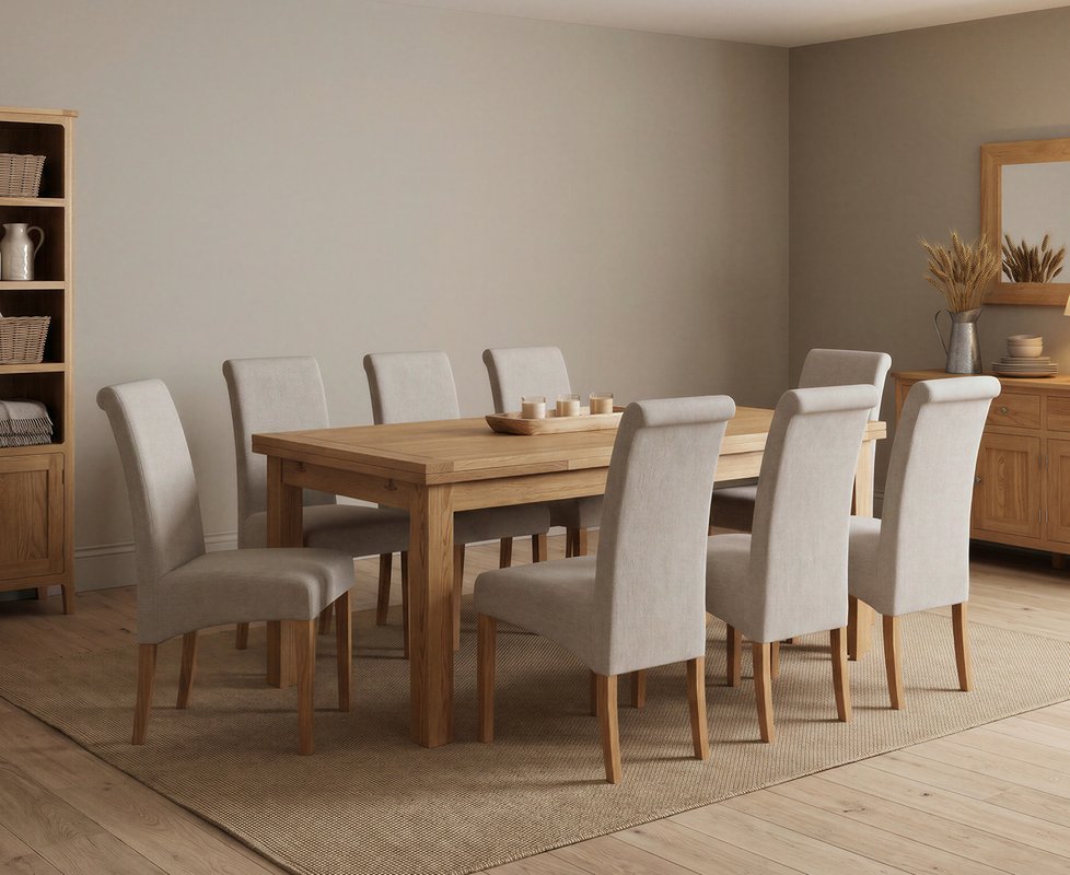 Photo 1 of Extending buxton 180cm solid oak dining table with 8 natural scroll back chairs Photo 1 of Extending buxton 180cm solid oak dining table with 8 natural scroll back chairs