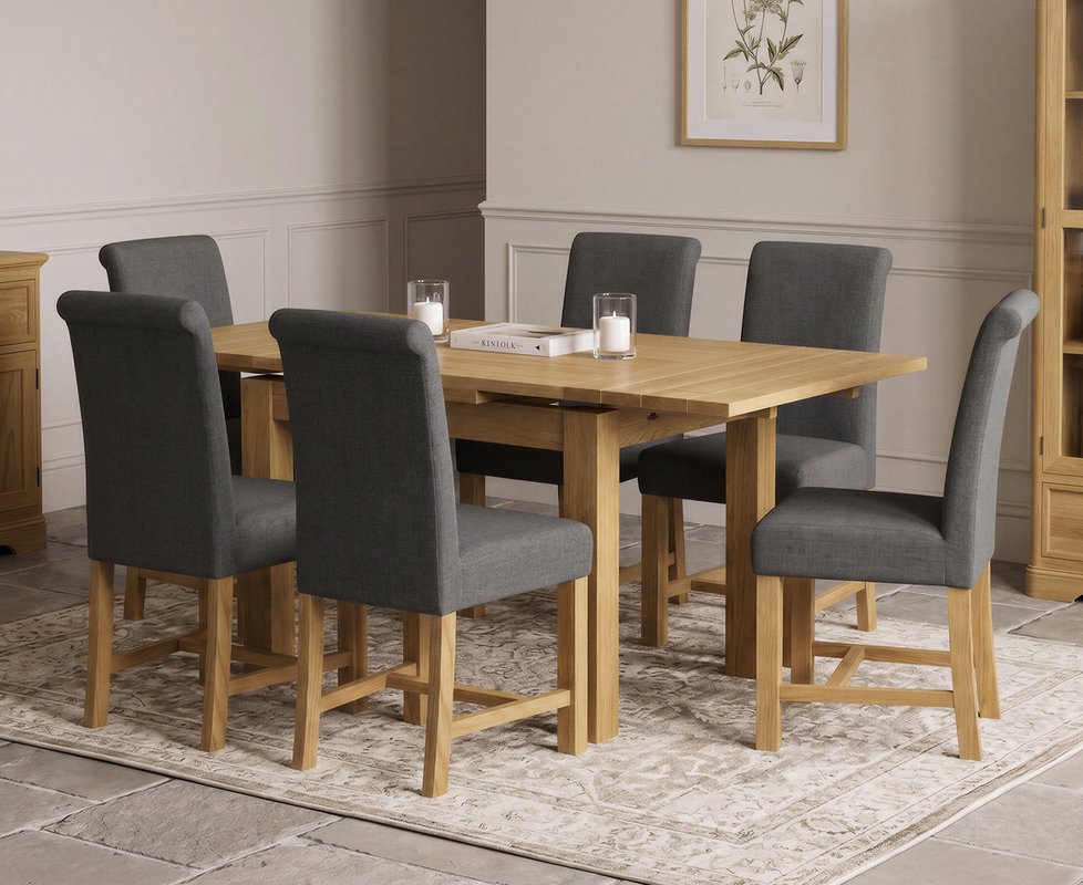 Photo 1 of Extending buxton 90cm solid oak dining table with 6 charcoal grey braced chairs Photo 1 of Extending buxton 90cm solid oak dining table with 6 charcoal grey braced chairs