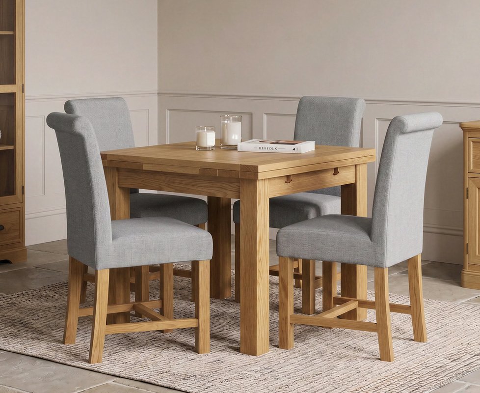 Photo 1 of Extending buxton 90cm solid oak dining table with 4 grey braced chairs Photo 1 of Extending buxton 90cm solid oak dining table with 4 grey braced chairs
