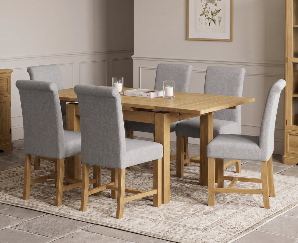 Photo 1 of Extending buxton 90cm solid oak dining table with 6 grey braced chairs Photo 1 of Extending buxton 90cm solid oak dining table with 6 grey braced chairs