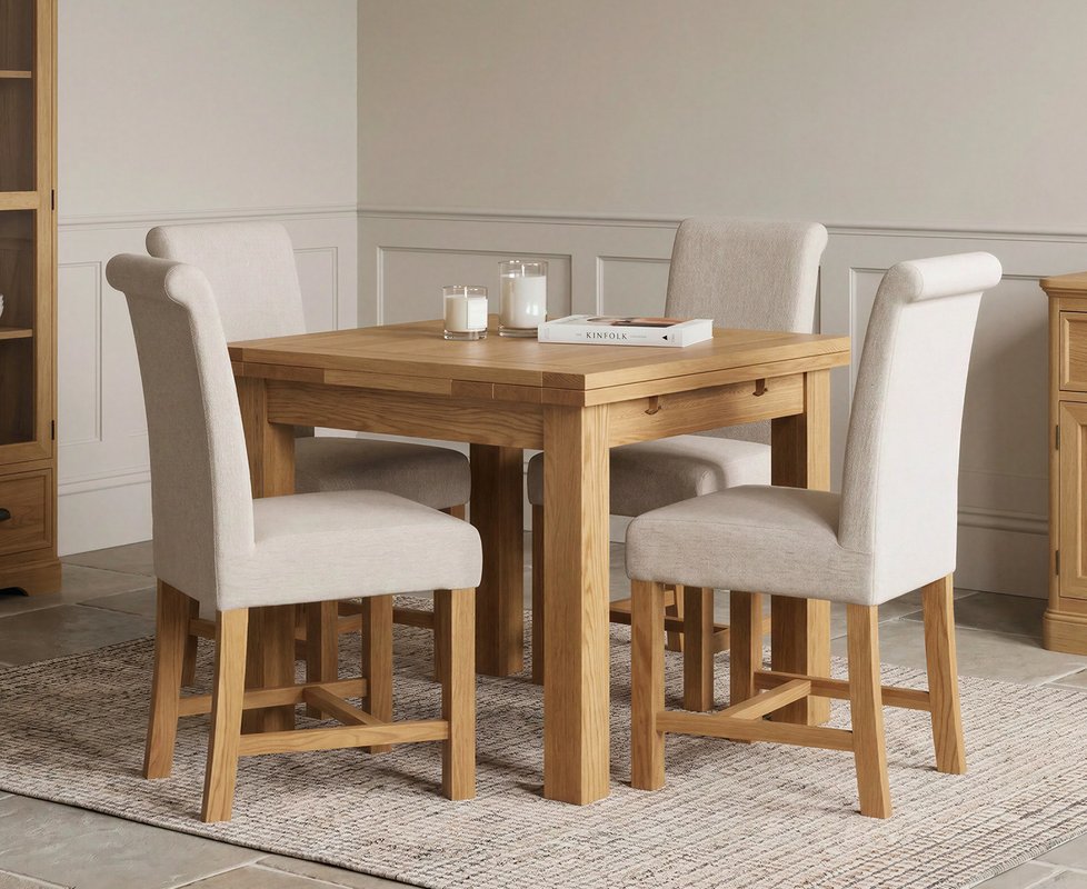 Photo 1 of Extending buxton 90cm solid oak dining table with 4 natural braced chairs Photo 1 of Extending buxton 90cm solid oak dining table with 4 natural braced chairs