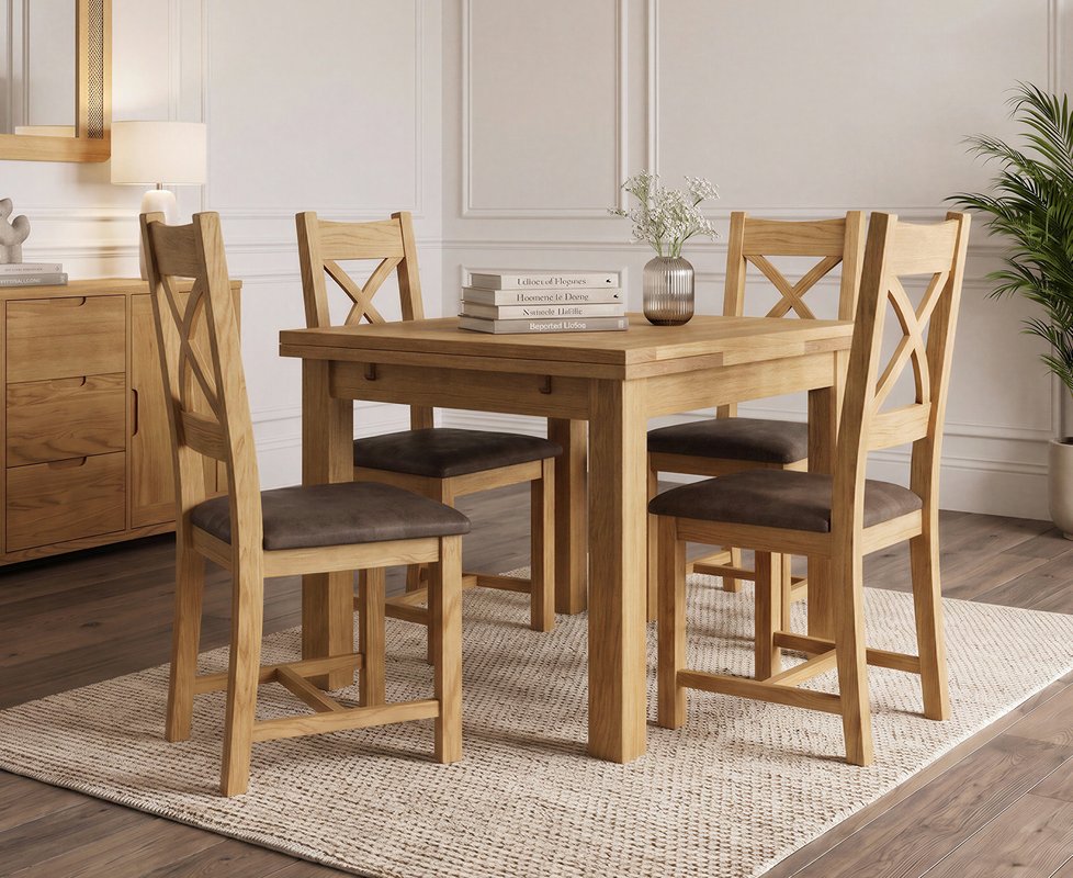 Photo 1 of Extending buxton 90cm solid oak dining table with 4 brown natural solid oak chairs Photo 1 of Extending buxton 90cm solid oak dining table with 4 brown natural solid oak chairs