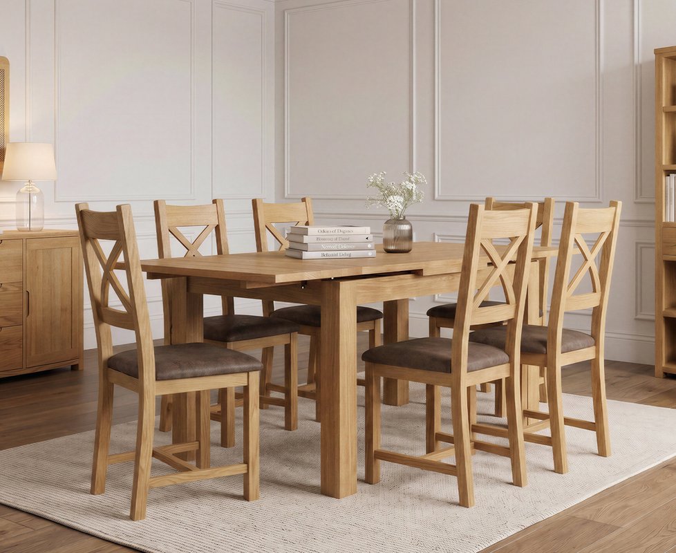 Photo 1 of Extending buxton 90cm solid oak dining table with 6 brown natural solid oak chairs Photo 1 of Extending buxton 90cm solid oak dining table with 6 brown natural solid oak chairs