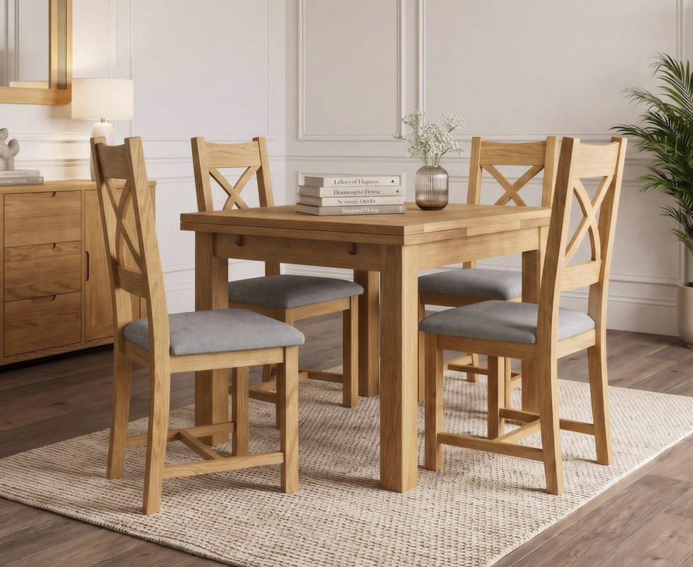 Photo 1 of Extending buxton 90cm solid oak dining table with 4 light grey natural solid oak chairs Photo 1 of Extending buxton 90cm solid oak dining table with 4 light grey natural solid oak chairs