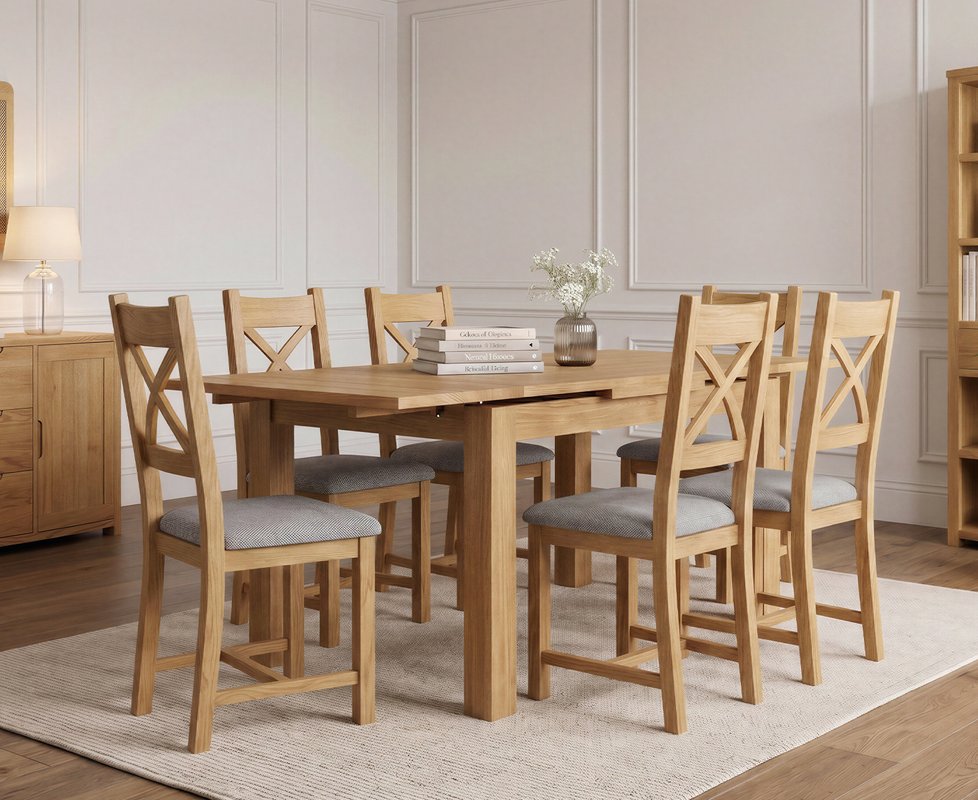 Photo 1 of Extending buxton 90cm solid oak dining table with 6 light grey natural solid oak chairs Photo 1 of Extending buxton 90cm solid oak dining table with 6 light grey natural solid oak chairs