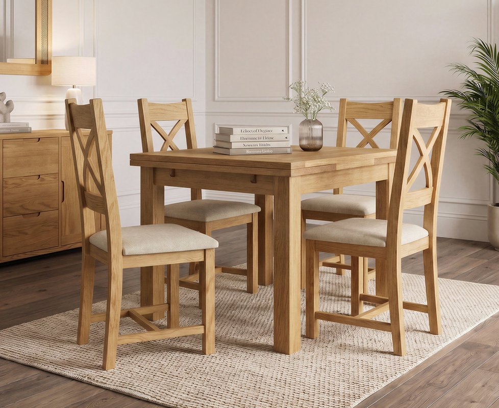 Photo 1 of Extending buxton 90cm solid oak dining table with 4 linen natural solid oak chairs Photo 1 of Extending buxton 90cm solid oak dining table with 4 linen natural solid oak chairs