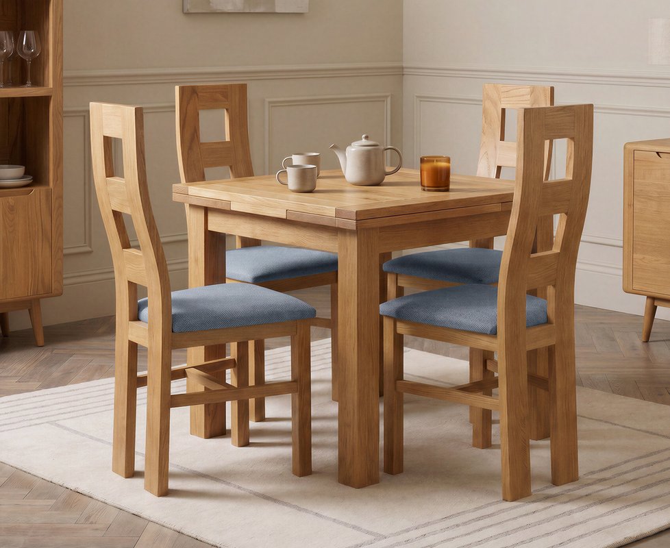 Photo 1 of Extending buxton 90cm solid oak dining table with 4 blue natural chairs Photo 1 of Extending buxton 90cm solid oak dining table with 4 blue natural chairs