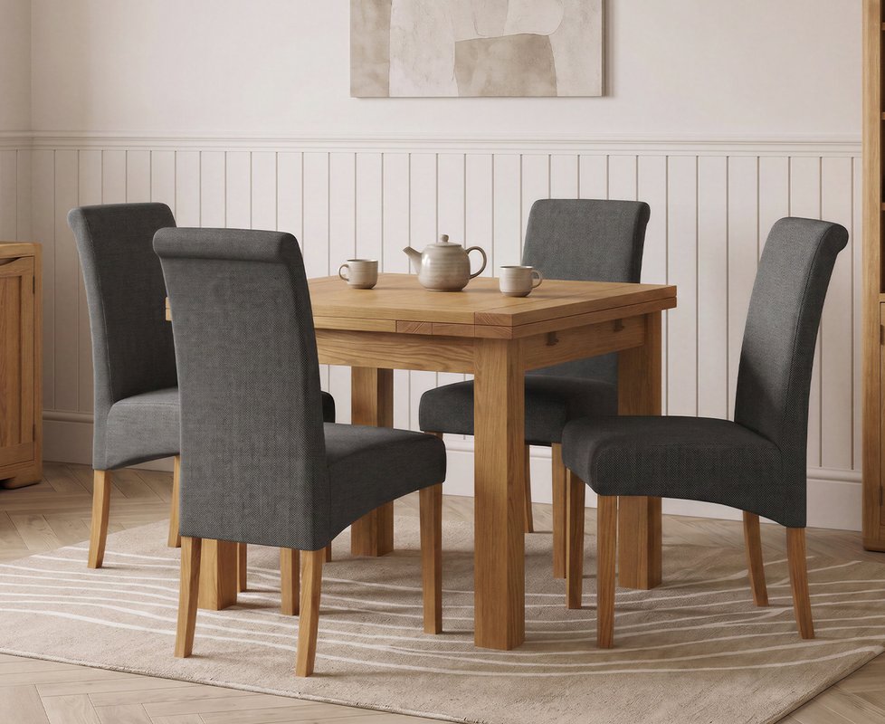 Photo 1 of Extending buxton 90cm solid oak dining table with 4 charcoal grey scroll back chairs Photo 1 of Extending buxton 90cm solid oak dining table with 4 charcoal grey scroll back chairs