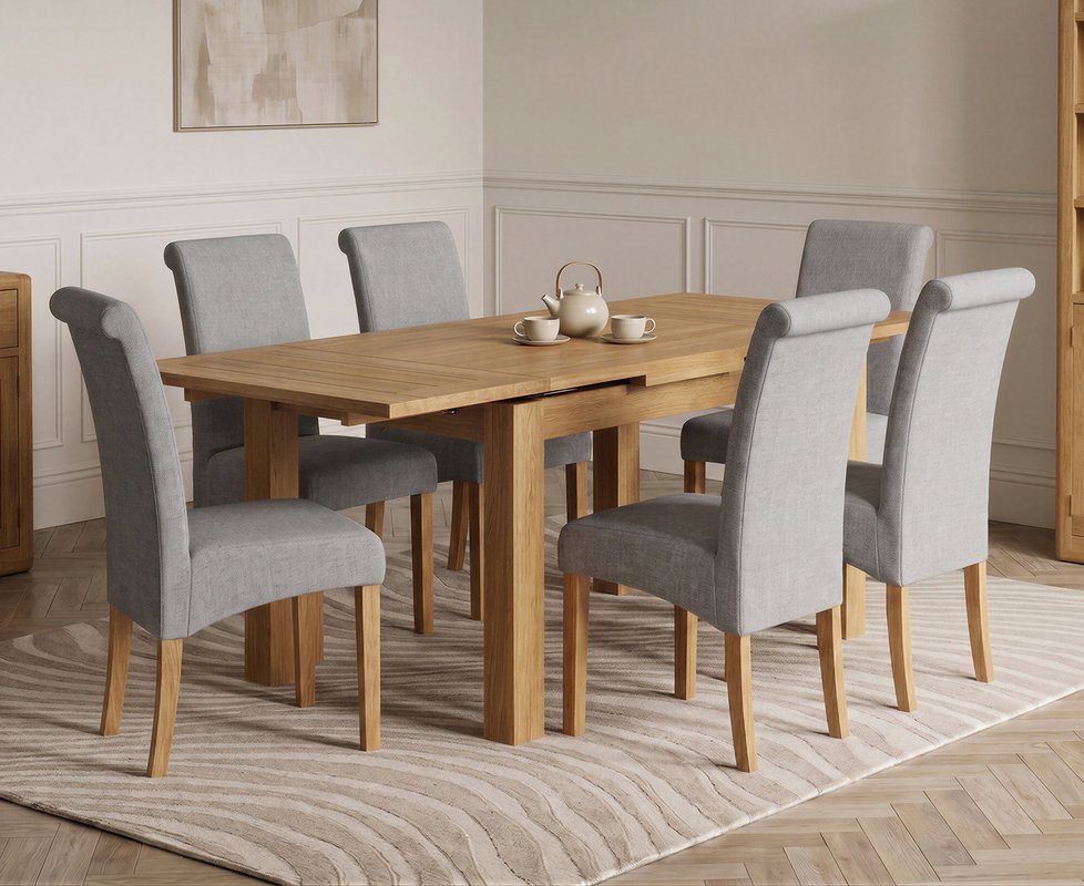 Photo 1 of Extending buxton 90cm solid oak dining table with 6 grey scroll back chairs Photo 1 of Extending buxton 90cm solid oak dining table with 6 grey scroll back chairs
