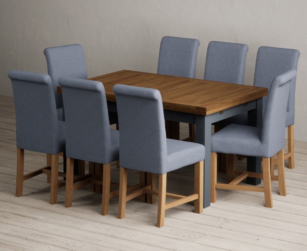 Photo of Extending buxton 140cm oak and dark blue painted dining table with 8 natural braced chairs Photo of Extending buxton 140cm oak and dark blue painted dining table with 8 natural braced chairs