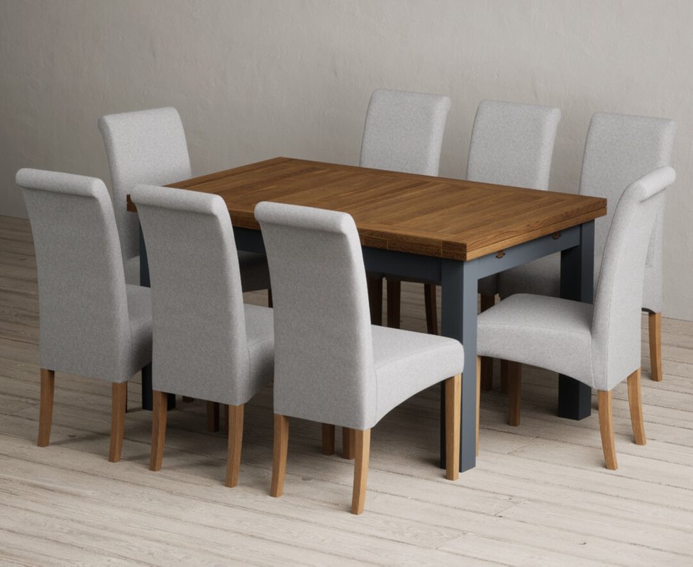 Photo 1 of Extending buxton 140cm oak and dark blue dining table with 8 grey scroll back chairs Photo 1 of Extending buxton 140cm oak and dark blue dining table with 8 grey scroll back chairs
