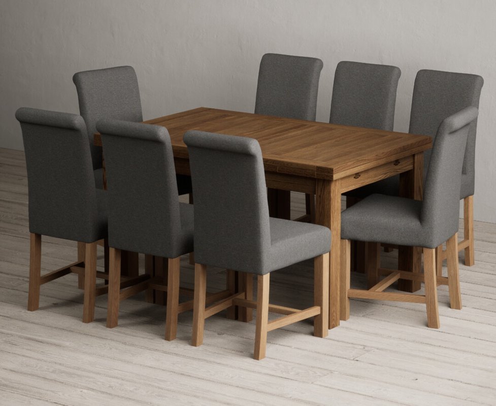 Photo 1 of Extending buxton 140cm rustic solid oak dining table with 8 charcoal grey braced chairs Photo 1 of Extending buxton 140cm rustic solid oak dining table with 8 charcoal grey braced chairs