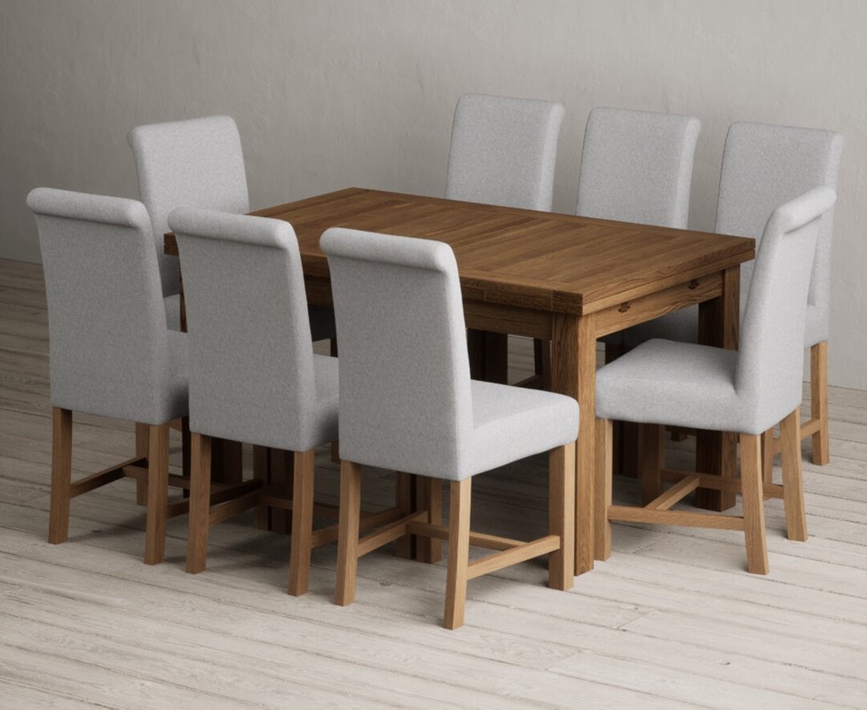 Photo 1 of Extending buxton 140cm rustic solid oak dining table with 8 grey braced chairs Photo 1 of Extending buxton 140cm rustic solid oak dining table with 8 grey braced chairs
