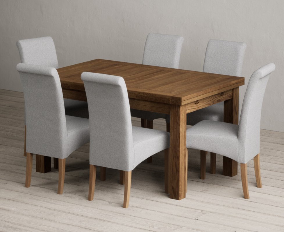 Photo 1 of Extending buxton 140cm rustic solid oak dining table with 6 grey scroll back chairs Photo 1 of Extending buxton 140cm rustic solid oak dining table with 6 grey scroll back chairs