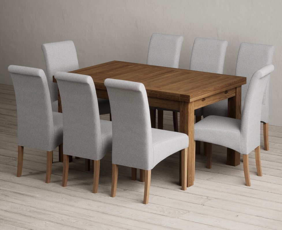 Photo 1 of Extending buxton 140cm rustic solid oak dining table with 8 grey scroll back chairs Photo 1 of Extending buxton 140cm rustic solid oak dining table with 8 grey scroll back chairs