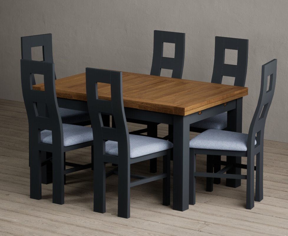 Photo of Extending buxton 140cm oak and dark blue dining table with 6 blue painted chairs Photo of Extending buxton 140cm oak and dark blue dining table with 6 blue painted chairs