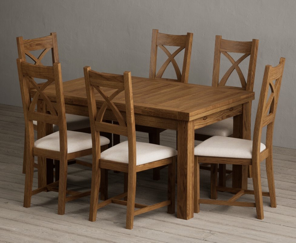 Photo 1 of Extending buxton 140cm rustic solid oak dining table with 6 linen rustic solid oak chairs Photo 1 of Extending buxton 140cm rustic solid oak dining table with 6 linen rustic solid oak chairs