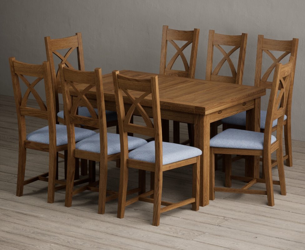 Photo 1 of Extending buxton 140cm rustic solid oak dining table with 8 blue rustic solid oak chairs Photo 1 of Extending buxton 140cm rustic solid oak dining table with 8 blue rustic solid oak chairs