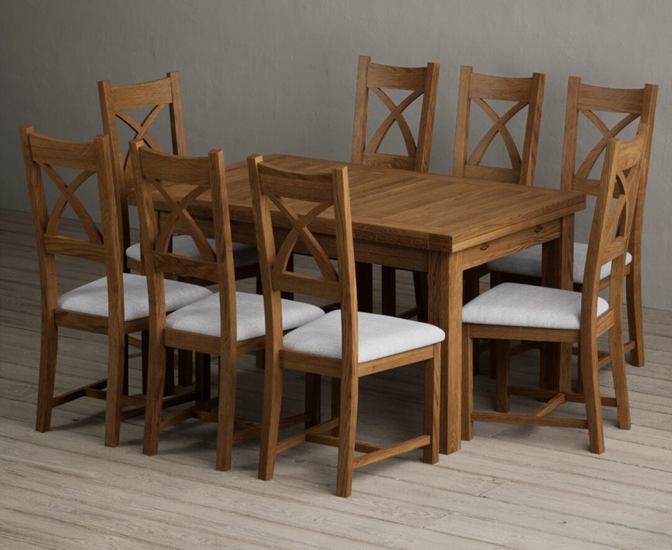 Photo 1 of Extending buxton 140cm rustic solid oak dining table with 8 light grey rustic solid oak chairs Photo 1 of Extending buxton 140cm rustic solid oak dining table with 8 light grey rustic solid oak chairs