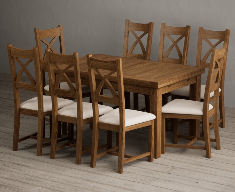 Photo 1 of Extending buxton 140cm rustic solid oak dining table with 8 linen rustic solid oak chairs Photo 1 of Extending buxton 140cm rustic solid oak dining table with 8 linen rustic solid oak chairs