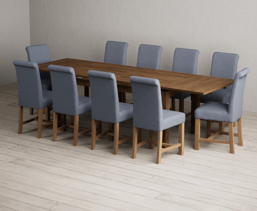 Photo 1 of Extending buxton 180cm rustic solid oak dining table with 10 blue braced chairs Photo 1 of Extending buxton 180cm rustic solid oak dining table with 10 blue braced chairs