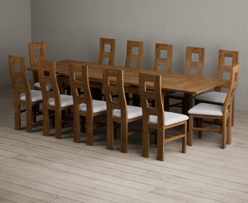 Photo 1 of Extending buxton 180cm rustic solid oak dining table with 12 light grey rustic solid oak chairs Photo 1 of Extending buxton 180cm rustic solid oak dining table with 12 light grey rustic solid oak chairs