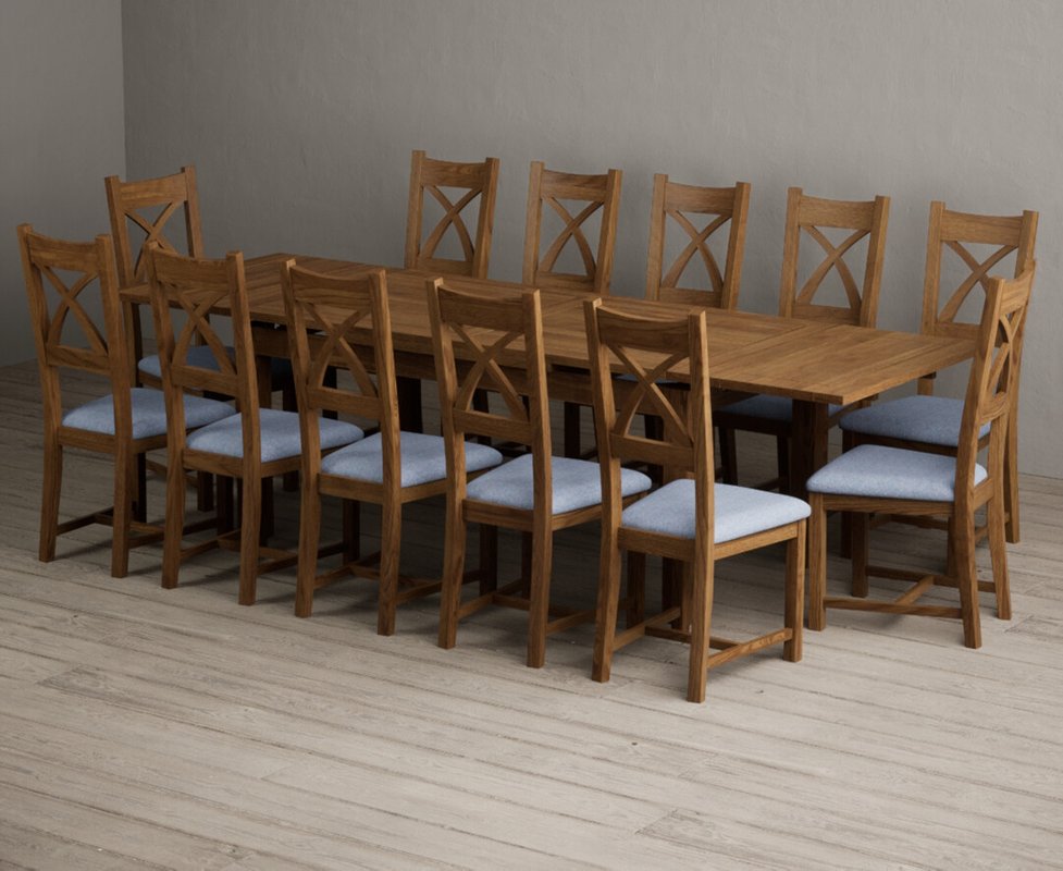 Photo 1 of Extending buxton 180cm rustic solid oak dining table with 12 blue rustic solid oak chairs Photo 1 of Extending buxton 180cm rustic solid oak dining table with 12 blue rustic solid oak chairs