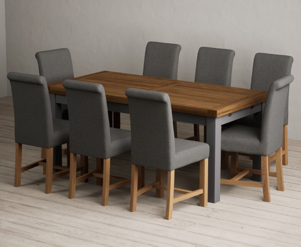 Photo of Extending buxton 180cm oak and charcoal grey dining table with 8 charcoal grey braced chairs Photo of Extending buxton 180cm oak and charcoal grey dining table with 8 charcoal grey braced chairs