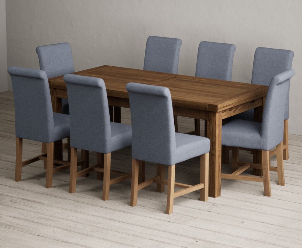 Photo 1 of Extending buxton 180cm rustic solid oak dining table with 8 blue braced chairs Photo 1 of Extending buxton 180cm rustic solid oak dining table with 8 blue braced chairs