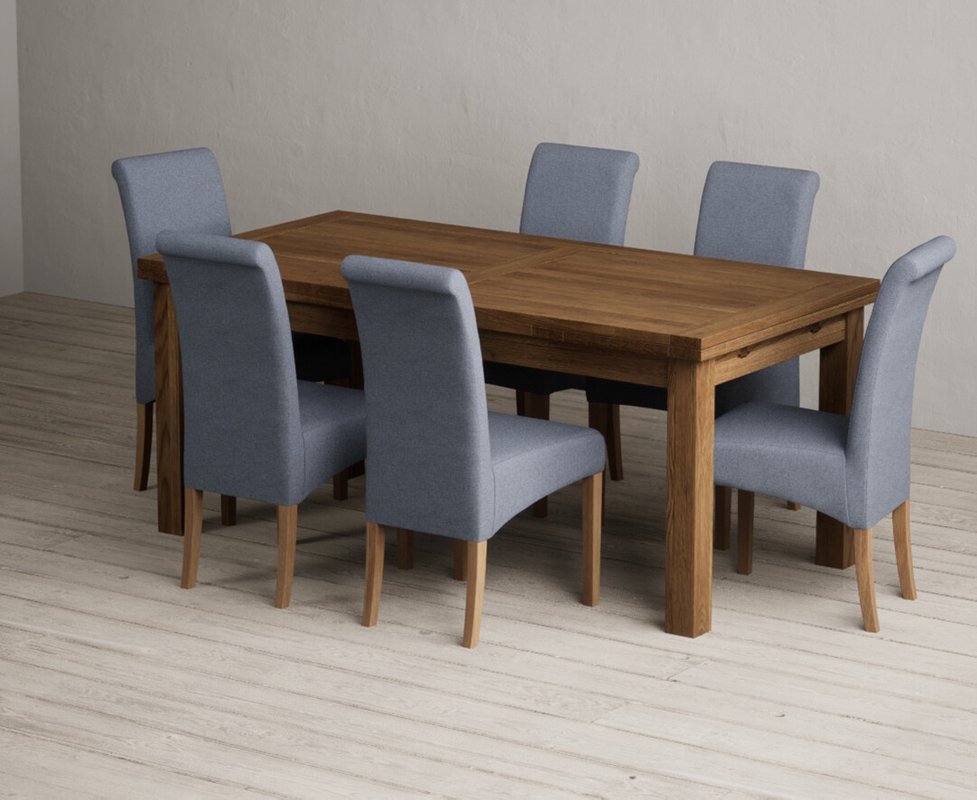 Photo 1 of Extending buxton 180cm rustic solid oak dining table with 6 blue scroll back chairs Photo 1 of Extending buxton 180cm rustic solid oak dining table with 6 blue scroll back chairs