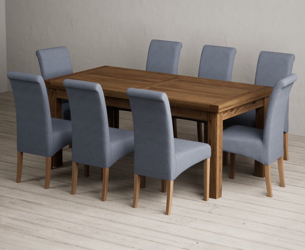 Photo 1 of Extending buxton 180cm rustic solid oak dining table with 8 blue scroll back chairs Photo 1 of Extending buxton 180cm rustic solid oak dining table with 8 blue scroll back chairs