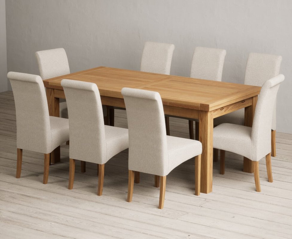 Photo of Extending buxton 180cm solid oak dining table with 8 natural scroll back chairs Photo of Extending buxton 180cm solid oak dining table with 8 natural scroll back chairs