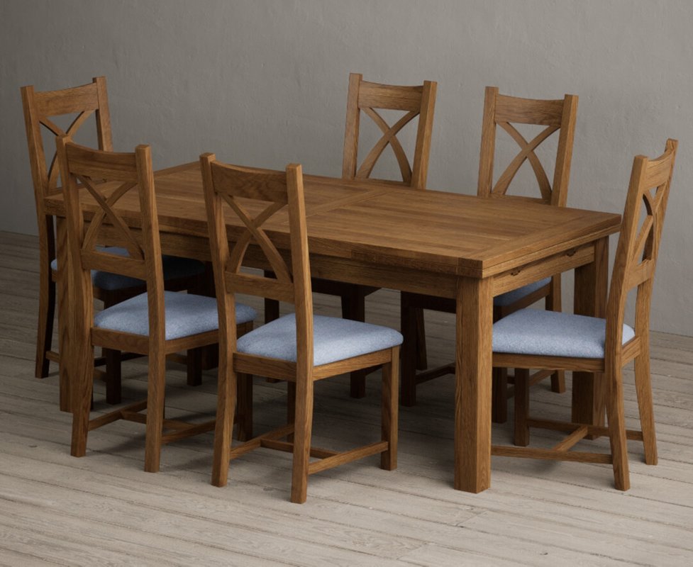 Photo 1 of Extending buxton 180cm rustic solid oak dining table with 6 blue rustic solid oak chairs Photo 1 of Extending buxton 180cm rustic solid oak dining table with 6 blue rustic solid oak chairs