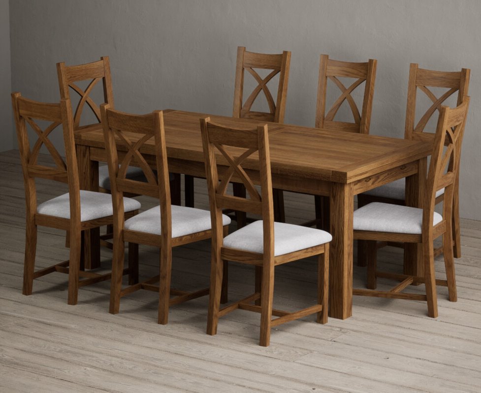 Photo 1 of Extending buxton 180cm rustic solid oak dining table with 8 light grey rustic solid oak chairs Photo 1 of Extending buxton 180cm rustic solid oak dining table with 8 light grey rustic solid oak chairs