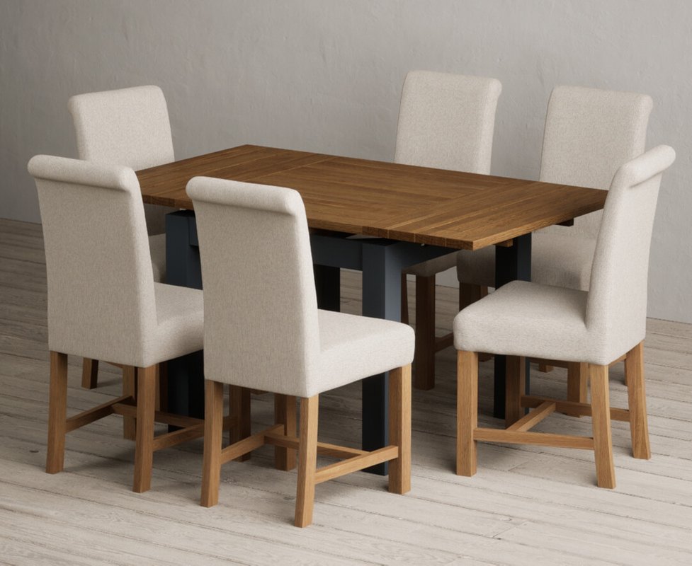 Photo 1 of Extending buxton 90cm oak and dark blue dining table with 6 natural braced chairs Photo 1 of Extending buxton 90cm oak and dark blue dining table with 6 natural braced chairs